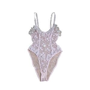 Vintage Emil Bole baby pink Nylon Sheer Lace Teddy Bodysuit Size Large Lingerie